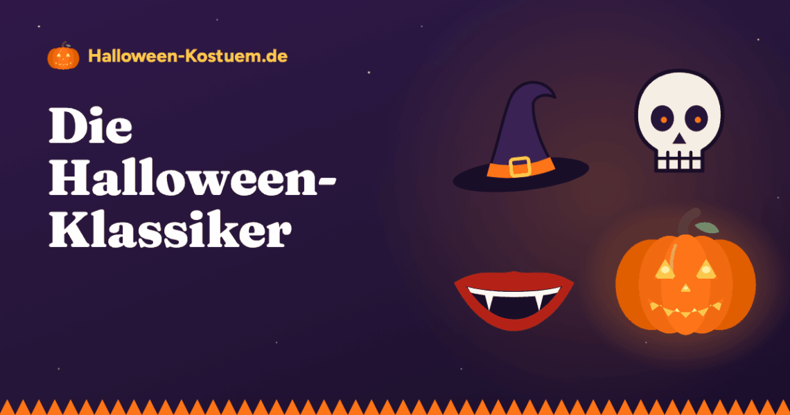 Illustration: Hexenhut, Totenkopf, Vampirgebiss und Kürbislaterne